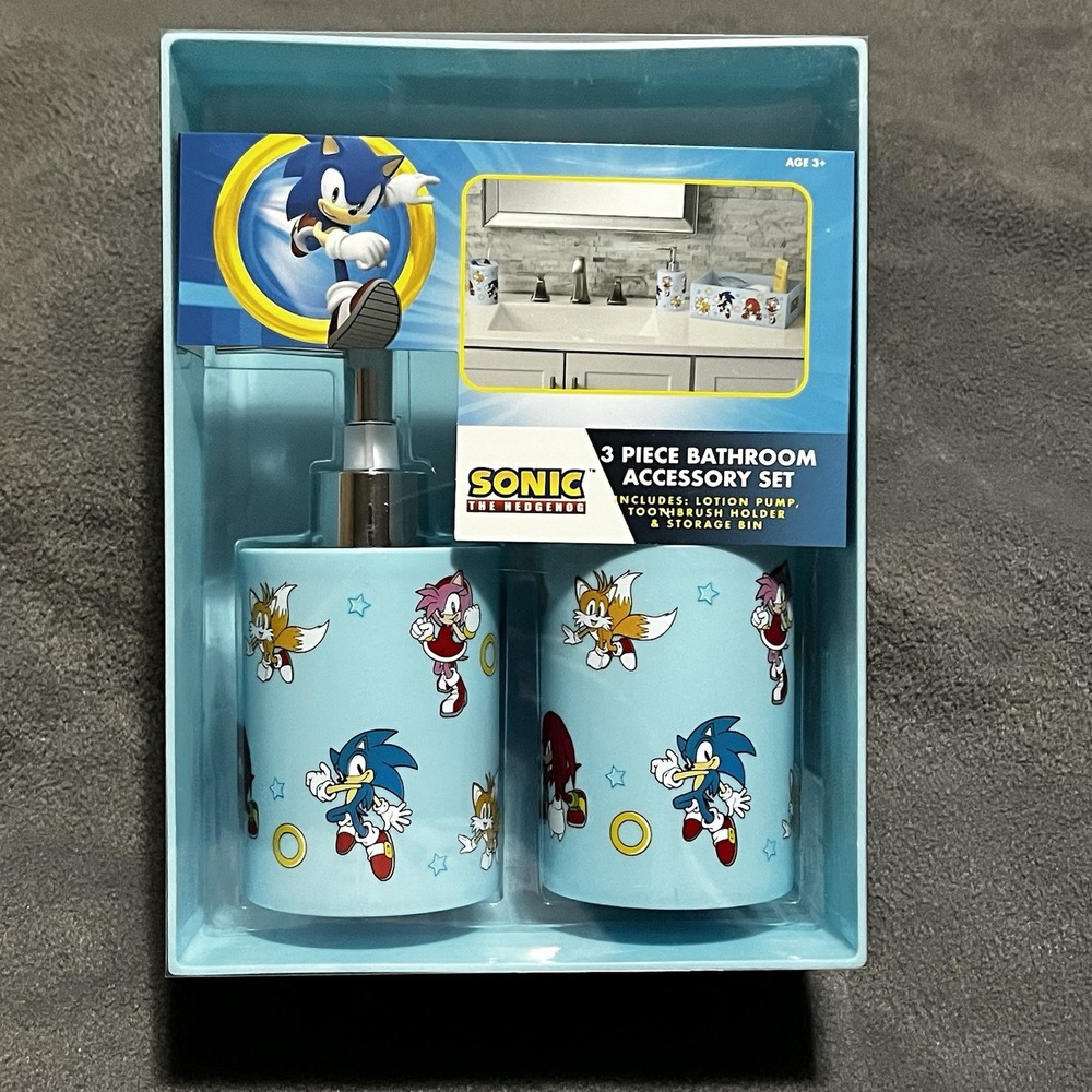 NEW Sonic 3pc Bathroom Accessory Set Toothbrush Cup~Soap Pump~Storage‎ Bin